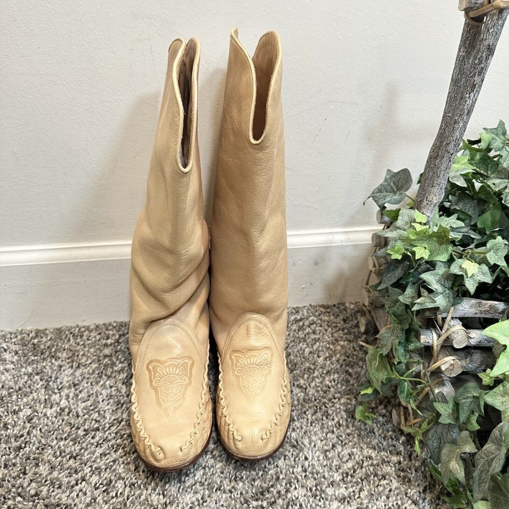 VTG SANDLER Moccasin Embossed Leather Boots Womens 6 B Handmade In Brazil New